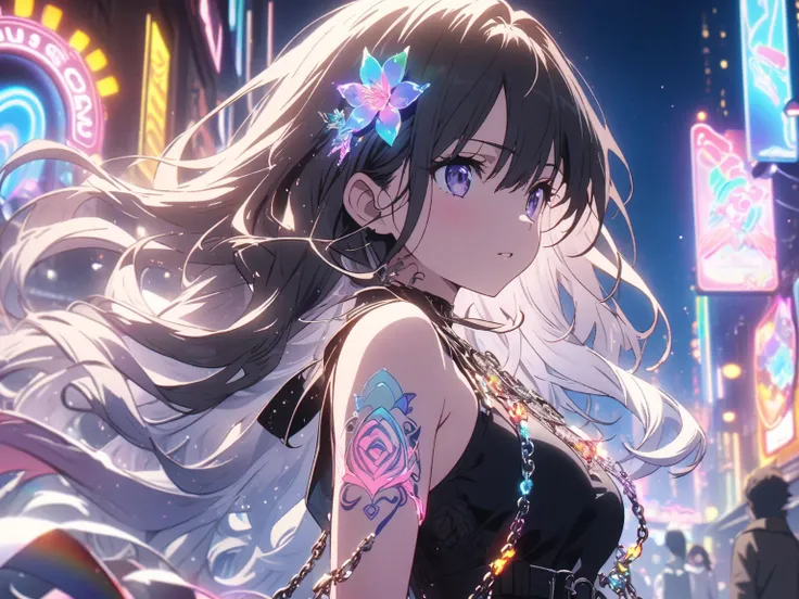  animated screenshot ,  An artistic illustration of a female anime character , The body is adorned with glowing neon flowers and a spiral chain tattoo.  The tattoo on the arm is a mix of white and red ,  A rainbow and white light , Emits neon lights .  wit...