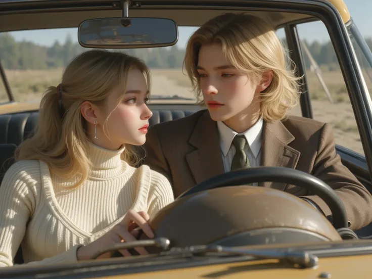  girl, sixteen years old,  driver with blond long hair and brown eyes , in a turtleneck , in the car, he gently looks at a blond Russian guy with a long hair and a suit about twenty-five years old