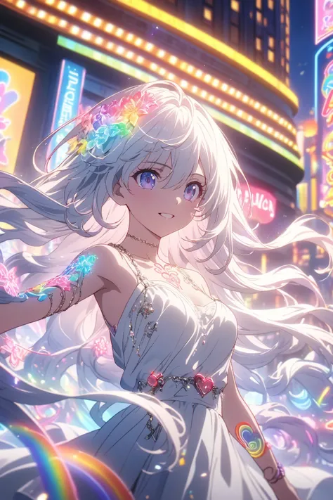  animated screenshot ,  An artistic illustration of a female anime character , The body is adorned with glowing neon flowers and a spiral chain tattoo.  The tattoo on the arm is a mix of white and red ,  A rainbow and white light , Emits neon lights .  wit...