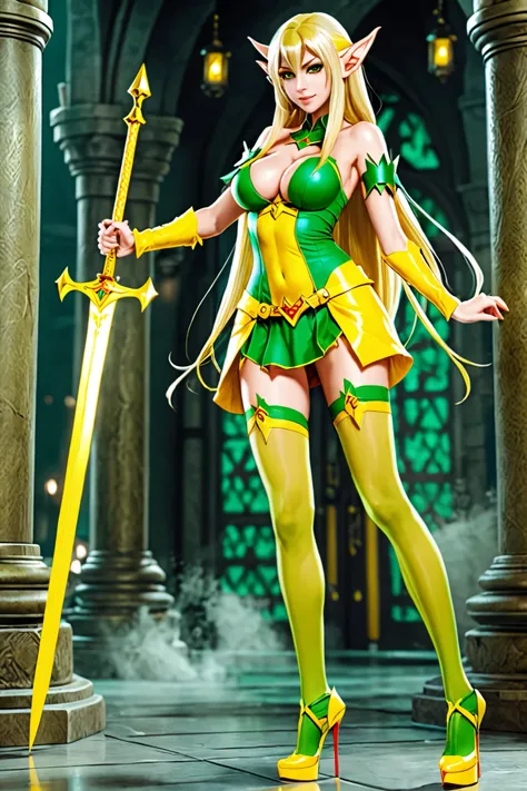 Beautiful battle elf slim big breasts long hair blonde long legs yellow stockings stands in yellow high-heeled shoes green eyes 