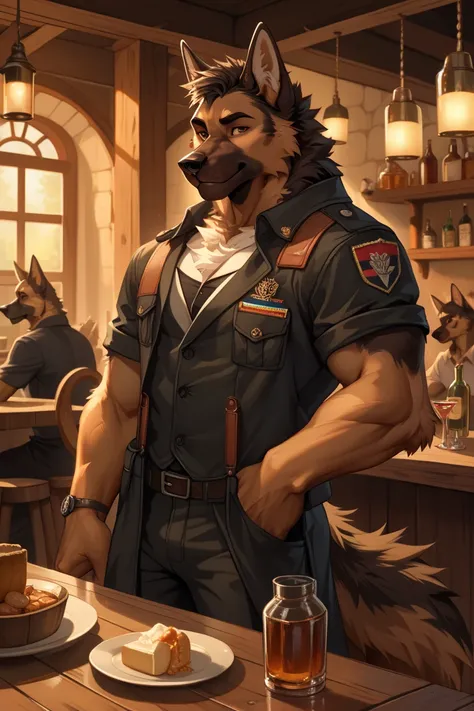 (wolfy_nail:1.2), (falvie:0.9), (blitzdrachin:0.6), (milkytiger1145:0.5), amazing quality, very aesthetic, highres, solo focus, cg, anthro male, ((german shepherd male)), (german shepherd:1.5), furry, standing, handsome, fully nude, exposed,At the tavern