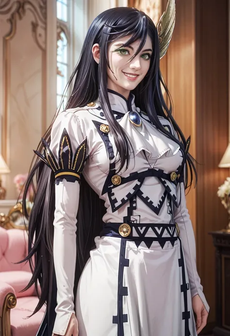 Brunhilde from the anime Record of Ragnarok ,  long hair ,  black hair,  Green Eyes Pants,  pretty woman,  lingerie,  perfect body ,  perfect breasts, Tall body, standing,  looking at the audience ,  smiling slightly ,  masterpiece , textured leather,  sup...