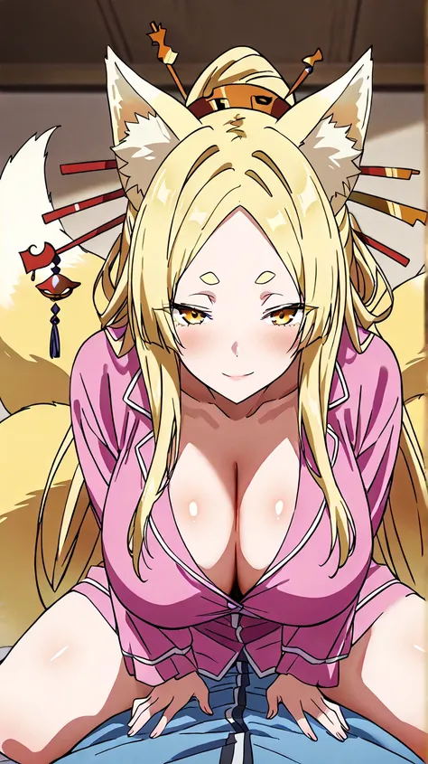 yasaka, long hair, blonde hair, large breasts, hair ornament, animal ears, tail, yellow eyes, animal ear fluff, fox ears, fox tail, thick eyebrows, fox girl, multiple tails, hairpin, short eyebrows, hair stick, kitsune, kyuubi, huge breasts, hips, seductiv...