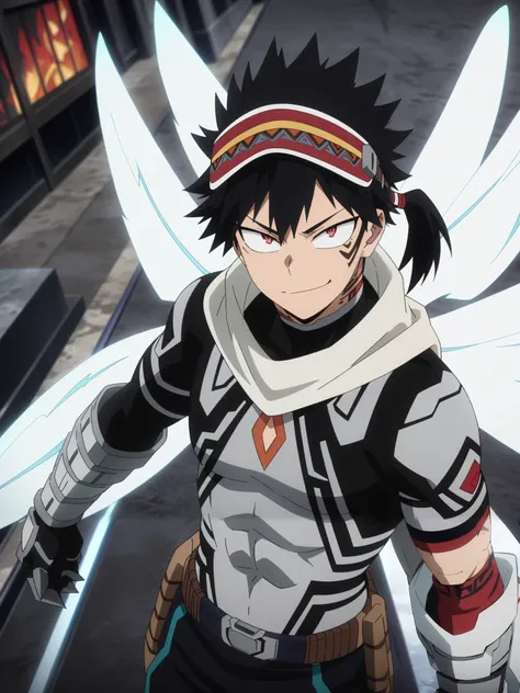 (masterpiece, best quality, anime, anime coloring:1.3, superhigh res).
29yo, 1man, male, Native American (Lakota heritage), pro hero,
(180-cm-tall. Lean, athletic with a toned physique. Long, jet-black hair, tied into a loose ponytail with red streaks. Br...