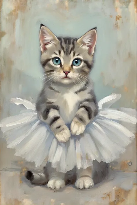 Une peinture d’un chat blanc rayé gris en tutu de danse classique. Il a les yeux bleus clair. Je veux que le chat soit petit et pas trop réaliste 