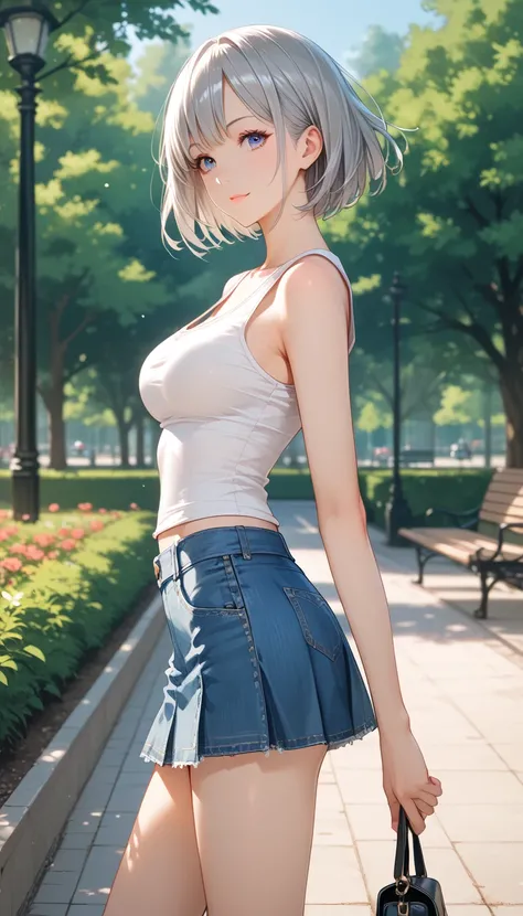 わきDownを見せない, Down,  no background,  becomes transparent when you stare at it {x}, PE, side view, cowboy shot,  perfect and beautiful face, Beautiful breasts, Thin legs, slim, silver short bob hair, white tight  tank top,  denim mini skirt , park, high scho...