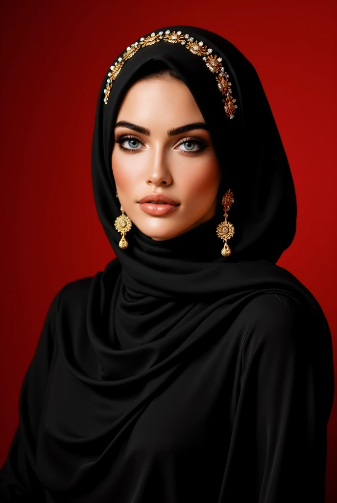 retrato,  Realistic oil illustration ..  realistic image,  photograph , aesthetics.  detailed image . luxury environment, elegance,  high standard .  front view ,  front focus. Artistic oil painting . an Arab woman ,  with a black hijab with gold ornamenta...