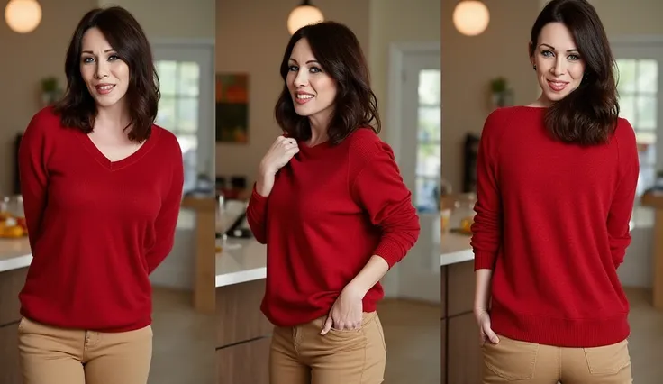 realistic photo of RayVeness wearing a red sweater and tan khaki shorts standing in a kitchen with hand behind back and view from multiple angles.Looking at viewer, smiling, 