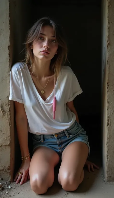 sad face (entirely visible from head to toes) straight hair french girl white brunette cute doll  face 18 years old, aux cheveux plaqués très lisses hazel châtain caucasian model, eyelash, makeup, pale beautiful casual girl shy, effrayée belle face, magnif...