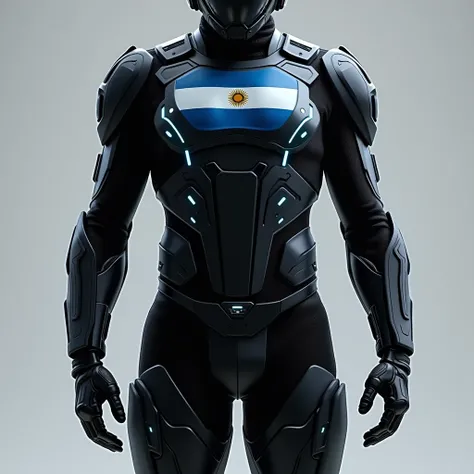  ,  wearing a futuristic Argentine police uniform from the year 2035,  with an advanced design ,  modern and highly detailed .  The clothes are black with stylized details of the Argentine flag ,  like light blue and white lines on the shoulders , chest an...