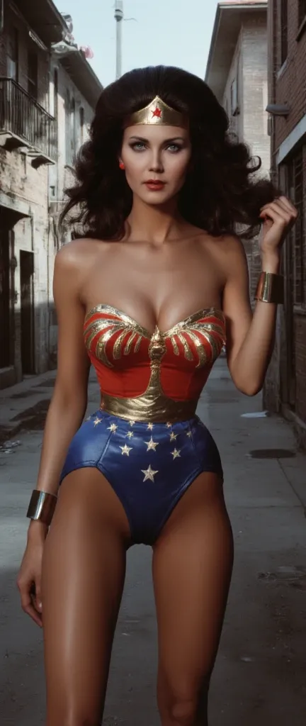  A gorgeous Wonder Woman in a tight red and blue,  dark black wavy hair that men covet ,  beautiful detailed eyes,  Striking facial features ,  Sexy 選美皇后体格, fair skin ,The expression is romantic and sexy,  Strong posture ,  in an impressive movement positi...