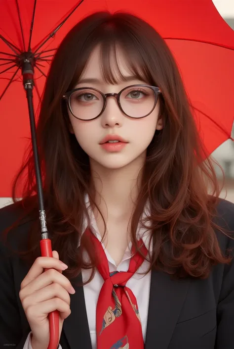 masterpiece,  Premium quality,  best quality ,  High Resolution , Realistic,  original photo,   wavy red hair  .
 1 woman with an umbrella,  beautiful female teacher,   dark brown hair ,  bago hairstyle ,  brown eyes, Glasses,  Wet Lips ,  Professional Pho...