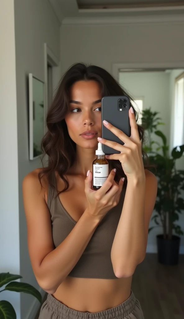 Young woman holding a serum from The Ordinary brand in her hand in front of a mirror in a clean bathroom filled with plants in the other hand she holds her cell phone and takes a picture in the mirror covering her face with the cell phone 