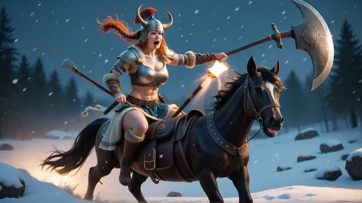 viking girl have long blone hair , blue eyes , wear helmet and armor  , helding tow axe in her hands , have tattoos and scream , Riding it a black horse in battlefield in snowing place and fighting  in  night  , hyper detail photography  , soft light