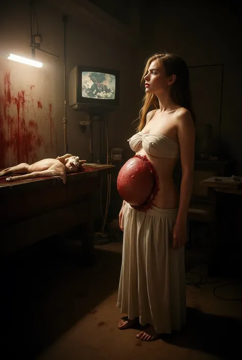 "(the best lighting, high contrast , dark, dramatic),(Blonde woman next to a giant jelly goat, Open the rib cage, fetus, autopsy, human bones, blood on the walls), tv on . Light Caravaggio"