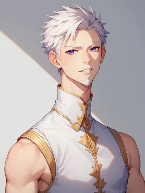 Masterpiece, Best Quality, Ultra-Detailed, 1man, japanese man, fit, skinny, solo, white hair, white goatee, white fantasy military vest, white vest, tall anime guy with purple eyes, male anime character, anime style character, blank background