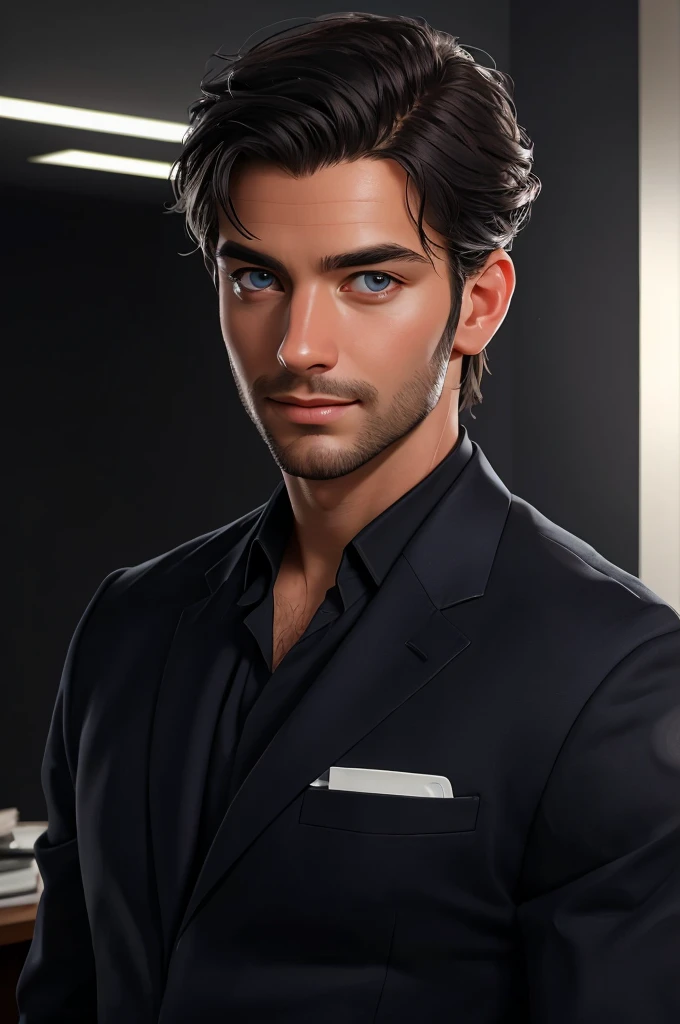 ( best quality ,4K,8 k, high resolution, masterpiece:1.2), super detailed ,( realistic,photo realistic,photo- realistic:1.37),1 man,31 years old, mature man , very beautiful ,without expression,smile, short grey black hair , blue eyes ,PENETRATING LOOK, pe...