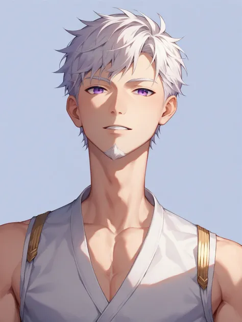 Masterpiece, Best Quality, Ultra-Detailed, 1man, japanese man, fit, skinny, short neck, solo, white hair, white goatee, white fantasy military vest, white vest, purple eyes, male anime character, anime style character, blank background