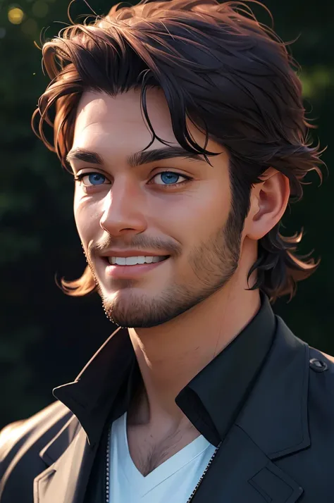 ( best quality ,4K,8 k, high resolution, masterpiece:1.2), super detailed ,( realistic,photo realistic,photo- realistic:1.37),30-year-old man ,3-day beard ,beautiful anime,portraits,strong,male, dark hair , Sharp chin ,mesmerizing eyes, perfectly styled ha...