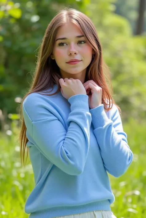 sophie wearing baby blue colour cashmire jumper