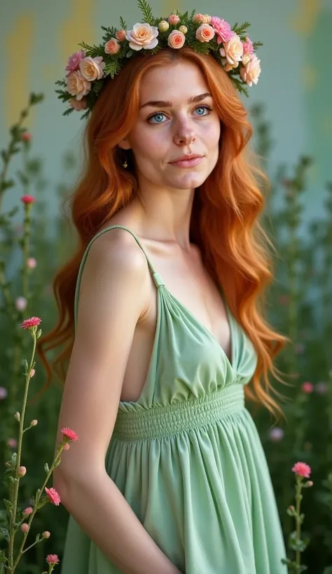 Une jeune femme rousse, à la peau claire et aux yeux bleus pétillants, est allongée sur le dos dans un décor inspiré par le printemps. Elle porte une robe fluide en mousseline vert pastel, ornée de délicates fleurs brodées qui semblent s’épanouir sous la l...