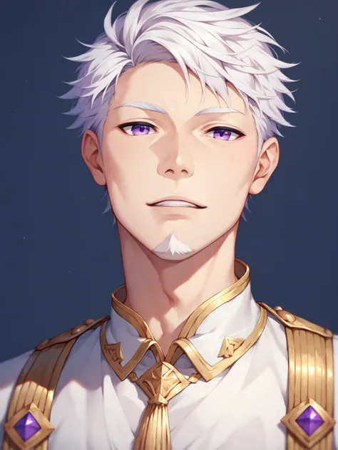 Masterpiece, Best Quality, Ultra-Detailed, 1man, japanese man, (short neck:1.0), solo, white hair, white goatee, white fantasy military vest, white vest, purple eyes, male anime character, anime style character, blank background