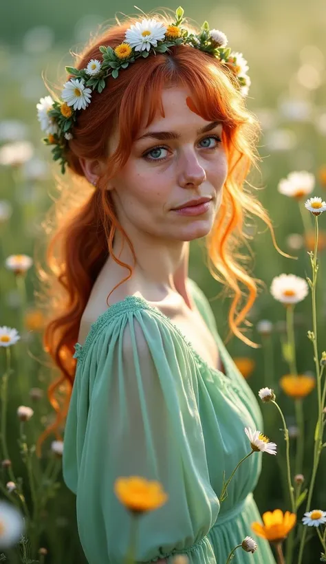 Une jeune femme rousse, à la peau claire et aux yeux bleus pétillants, est allongée sur le dos dans un décor inspiré par le printemps. Elle porte une robe fluide en mousseline vert pastel, ornée de délicates fleurs brodées qui semblent s’épanouir sous la l...