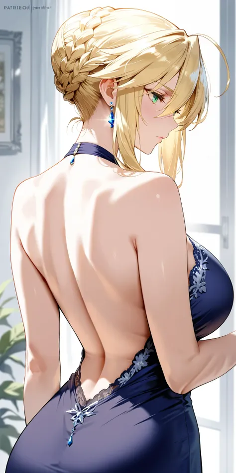 Masterpiece, mature woman, artoria pendragon (Lancer) (fate), sophisticated, tall, slim, upper body, bare back dress, ultra detailed, highres, absurdres, home