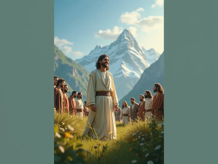 Jesus smiling on Mount ,  surrounded by a crowd facing him, with the clear blue sky,