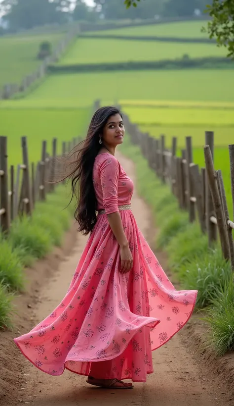 "An Indian girl wearing a pink floral anarkali dress, standing on a mud path surrounded by lush fields and wooden fences."1184718067