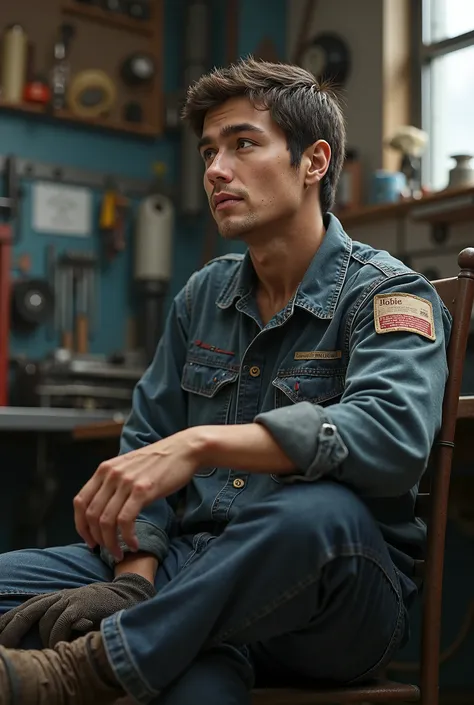 Young Guy resting in his mechanics uniform after working in a car 