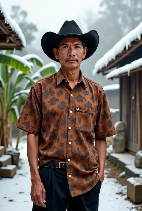 A real Huma photo  60 years old man with a short straight pixie black hair, wearing a brown Indonesian traditional short called batik, , black  pant, black cowboy hat, he is standing with background Indonesian village in winter time,  with banana trees, In...