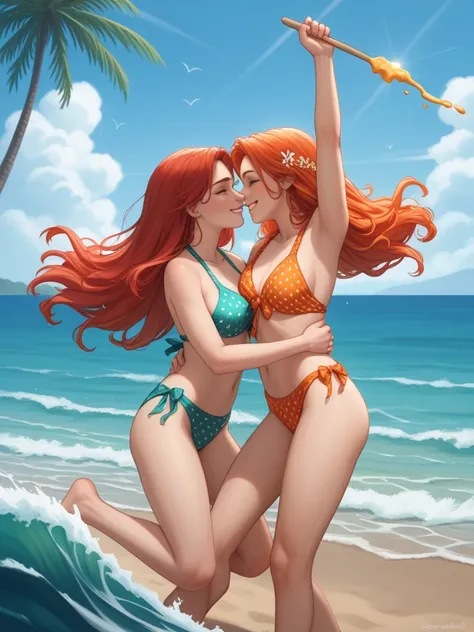 A vibrant beach scene basking in the warm embrace of a summer afternoon. The focal point is a young woman with sun-kissed skin and fiery red hair, cascading in soft waves down her back. Her emerald green eyes sparkle with mischief and joy as she laughs, re...