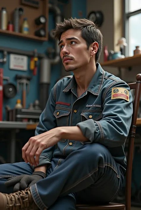 Young Guy resting in his mechanics uniform after working in a car. Give him a mustache Chevron style and longer hair