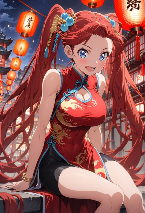 an anime girl in chinese clothes with crimson red hair sitting,Strong-willed,excitement,martial artist,forehead, muscles, 1girl ,lantern, paper lantern,Winning spirit,Alone,long hair,dress,hand fan,blue eyes,very long hair,jewelry,twintails,china dress,red...