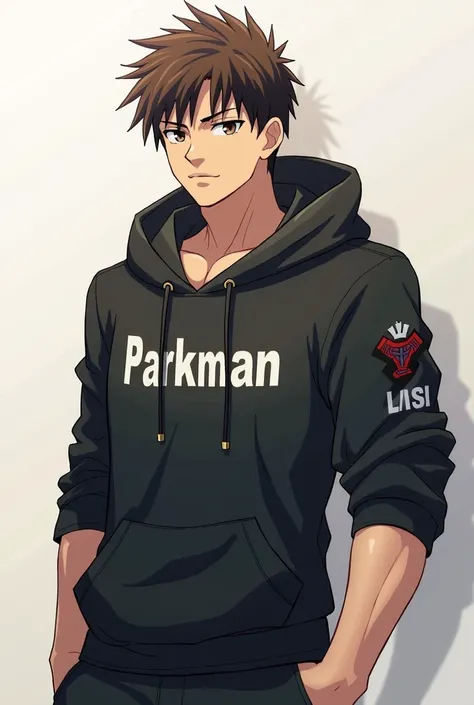 General, an anime of a muscular and courageous young man, brown hair with a military cut, wearing a dark and scary hoodie with PARKMAN written on it, leave the background of the image neutral