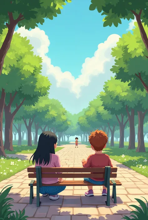 Create a beautiful cartoon setting ,  like a plaza with a centralized bench , On a beautiful day with ren turned on their backs ,  sitting on the floor and staring at the bench with no one sitting on it