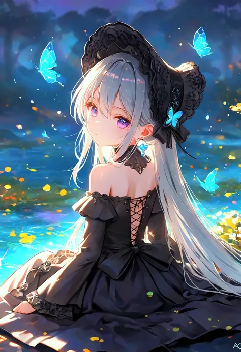 masterpiece,best quality,high quality,loli,overexposure,chromatic_aberration,light,fair_skin, //, 1girl, butterfly, solo, bug, dress, purple eyes, looking at viewer, long hair, black dress, grey hair, jewelry, flower, gothic lolita, looking back, lolita fa...