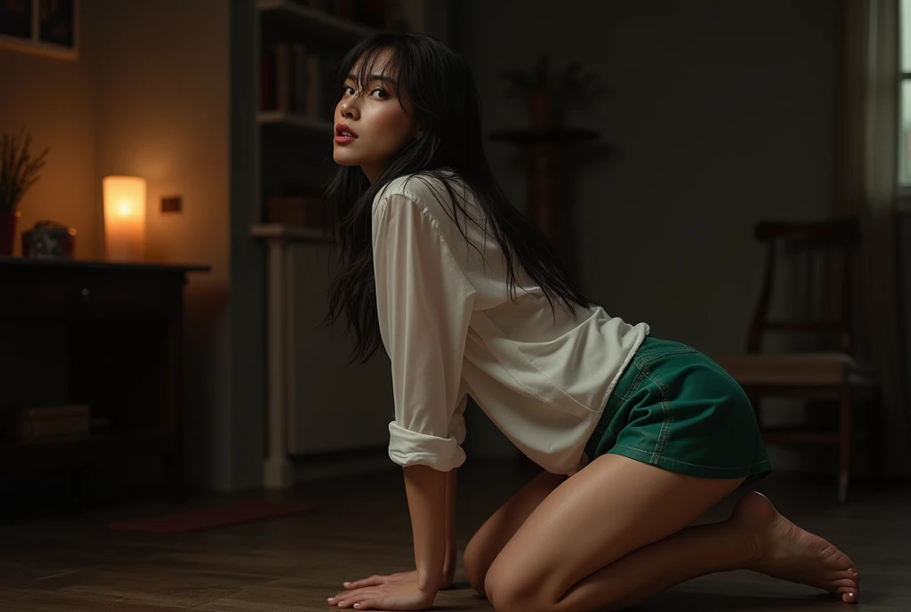 beautiful woman, 40 years old, Vietnamese, wet black hair to her shoulders, disheveled hair, wearing a white transparent shirt, unbuttoned shirt, no bra, wearing a very short green miniskirt, wet clothes, bare legs, kneeling on her knees, resting her hands...