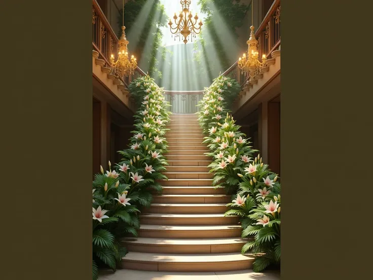 wedding staircase going up. brown and green colors. lilies. Chandeliers. Beautiful flowers and plants.