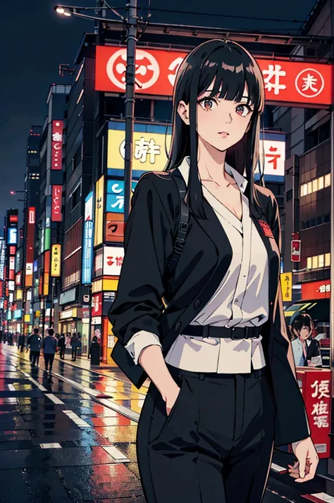 (masterpiece), best quality, expressive eyes, perfect face, ((forty-years-old adult woman)), (adult face), (long black hair with straight bangs), (Asian red slanted eyes), sexy body, absurdres, high res, ultrasharp, 8k, looking at view, (tokyo city at nigh...