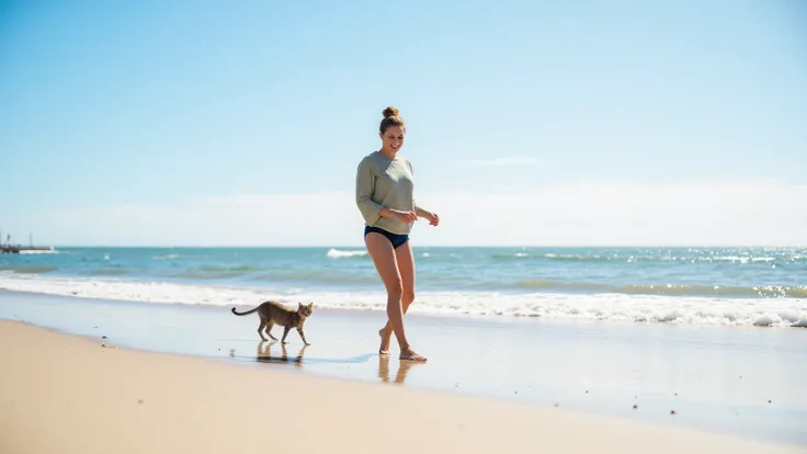 Create a joyful vacation scene featuring a person and their cat enjoying a day at the beach. The person is walking along the shore, with the cat playfully following behind, exploring the sand and the gentle waves. The beach is sunny and inviting, with clea...