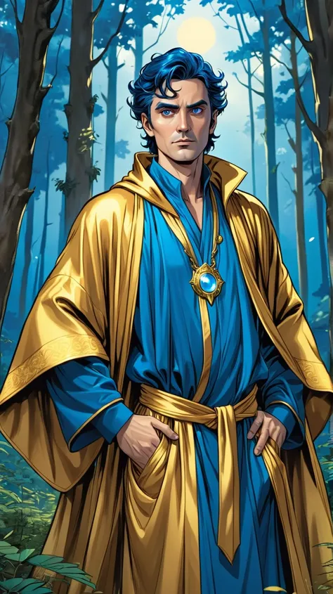 
a magical genius with blue ,  skin wearing a golden robe in the middle of the forest,  he's looking at the camera, realistically in comic style  