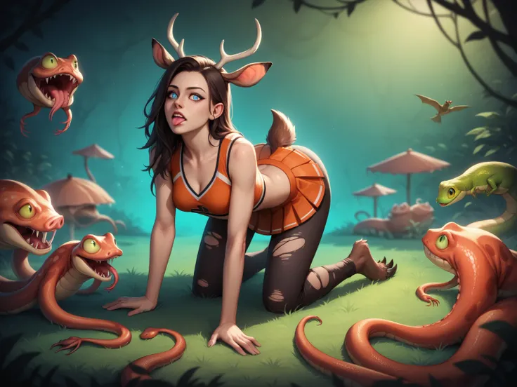 Masterpiece, realistic, furry, woman being transformed into a hybrid creature, long hair, blue eyes, human eyes, short snout, nice ass, medium breasts, cheerleader crop top, cheerleader skirt, ripped clothing, bird legs, wolf feet, octopus arms, lobster cl...