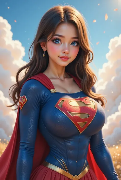 (SUPERGIRL). BEAUTIFUL, CUTE YOUNG, BLUE EYES, ASIAN JAPANESE GIRL WEARING A SUPERGIRL COSTUME AND CAPE PANTIES. "S" EMBLEM ON HER CHEST. 4K, 8K, CRYSTAL CLEAR IMAGE.