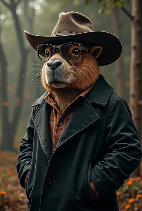 Capibara with cowboy hat with a star on front ,vision glasses with simple black frame, and black coat