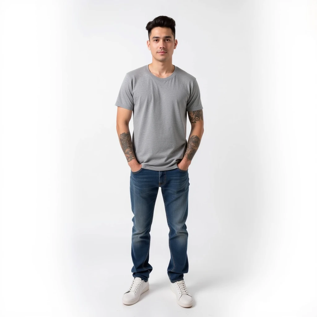 Full-length portrait of an asian tatooed man. he is standing with his hands in his pockets and is wearing a melange grey t-shirt and jeans. he is looking directly at the camera. the background is plain white. sharp focus, studio lighting.