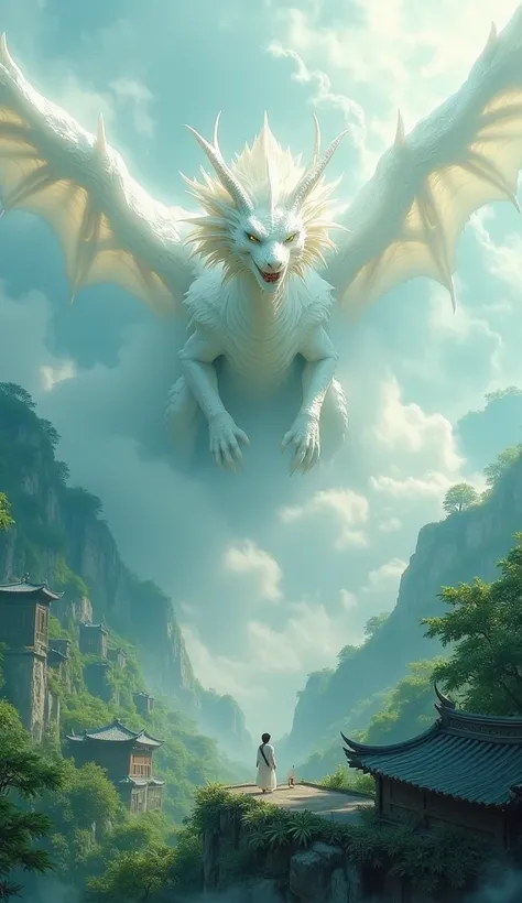 Create an amazing oil painting Pic of the following situation: a white giant dragon appears out of white fog and watches high above an Asian landscape, some Houses,vivid natural colors, bright, amazing landscape, perfect composition, a rich and complex ima...