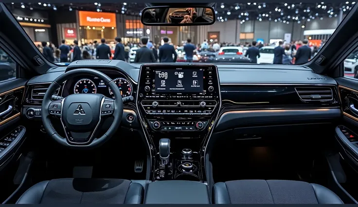 Interior view of a modern car's dashboard and center console. The image shows a dark, primarily black dashboard with accents of a light bronze/copper color. The car's steering wheel, center console, and infotainment screen are prominently displayed. The st...