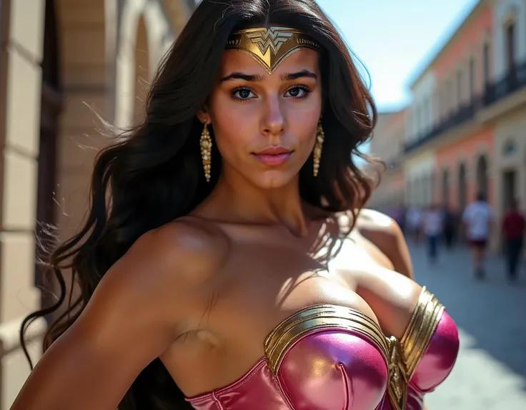  a close up . Beautiful female bodybuilder, (( big breast:4.0)), ((beefy:3.0)). make-up. ( blue eyes). ((pink lips with shiny gloss )). (silver eye shadow). Long dark hair with volume . (( She wears Wonder Woman's pink metallic strapless costume with gold ...